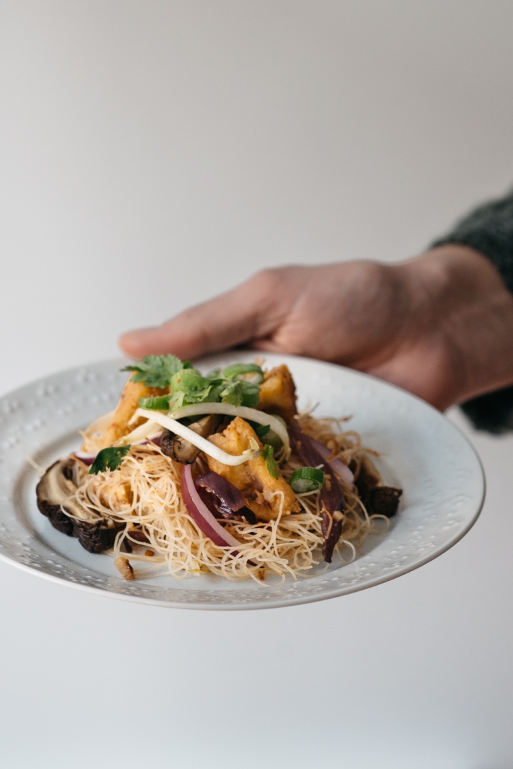 Thai and Techno - vegan sukiyaki noodles handheld